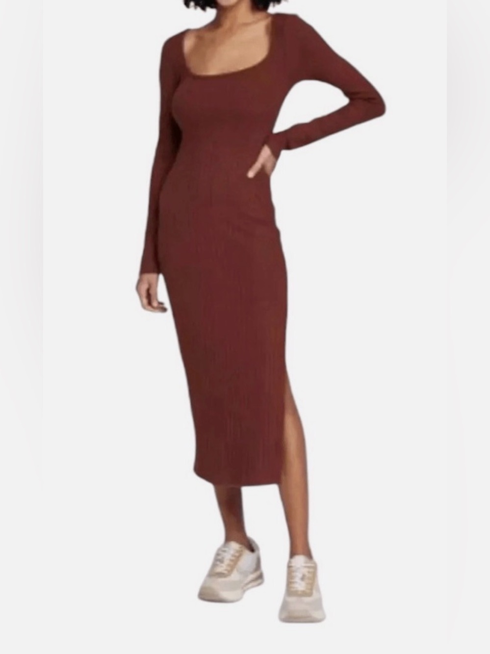wild fable Scoop-Neck Ribbed Midi Dress in Chestnut Brown